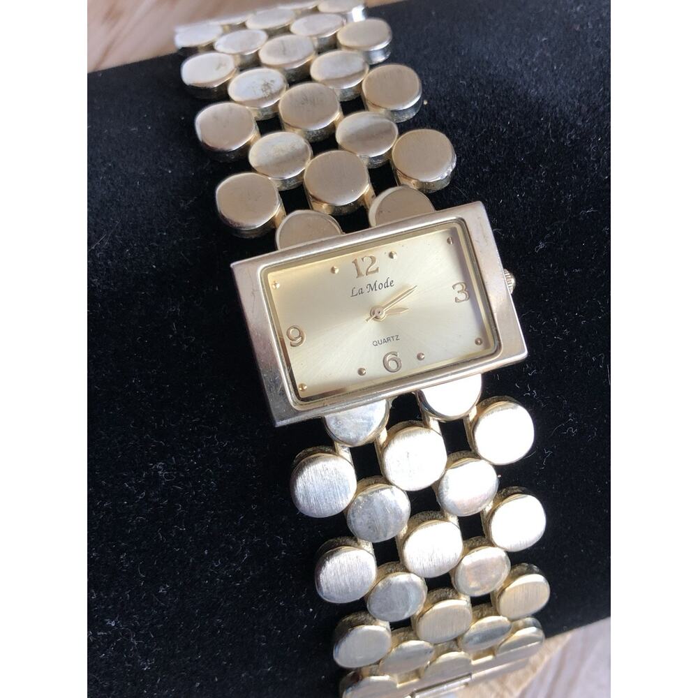 LaMode Gold Tone Watch‎ Dot Chain Wide Band 7” Quartz Modern Vintage Vibes - Picture 2 of 7